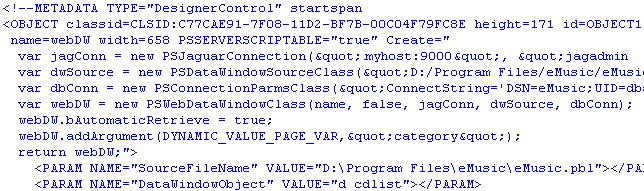 Shown is a sample OBJECT element within the Source view of the H T M L editor for a Web Data Window DTC in a non 4 G L page. In addition to attributes such as height, I D, name, width, and P S Server Scriptable, the OBJECT element includes the attribute Create = ". 