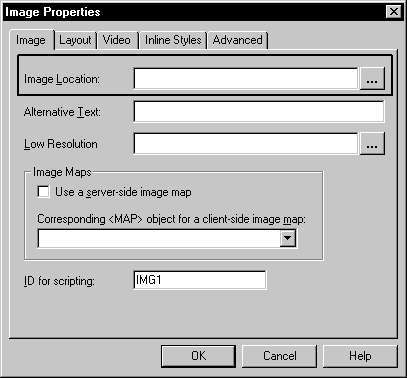 Shown is the Image tab page of the Image Properties dialog box. At top is an Image Location field with a Browse button, a text field for Alternative Text, a field for Low Resolution with a browse button, an Image Maps area with a check box labeled Use a server side image map and a drop down labeled Corresponding < MAP > object for a client side image map. At bottom is a text box labeled I D for scripting with the entry I M G 1. 