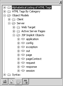 Shown is the Language tab page in the System Tree with folders expanded for Object Models, Server, and then J S P Implicit Objects. All of the JSP Implicit Objects display within their folder.