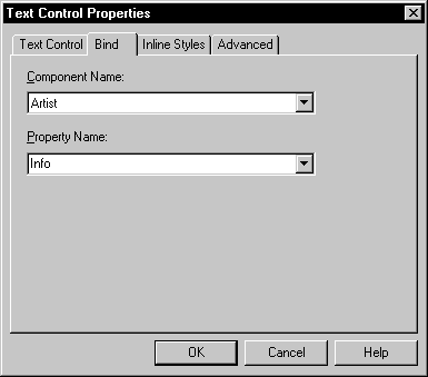 The sample shows the Bind page of a Text Control Properties dialog box. It has drop down list boxes for Component Name, which displays Artist, and Property Name, shown as Info.