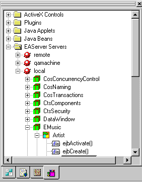 Shown is the Components tab page of the System Tree with an expanded entry for E A Server Servers showing the servers remote, q a machine, and local. The local server is expanded.