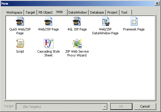 Shown is the Web tab page of the New dialog box. It displays labeled icons for launching the following wizards: Quick Web / J S P Page, Web / J S P Page, 4 G L Web / J S P Page, Web / J S P Data Window Page, Frame set Page, Script, Cascading Style Sheet, and J S P Web Service Proxy Wizard.