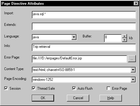 Shown is the Page Directive Attributes dialog box . From top to bottom, it displays a text field for Import with the entry java dot s q l dot *, a blank text box labeled Extends, a drop down labeled Language with java * selected, a Buffer spin control set to 8 k b, an Info text field with the entry Trip retrieval, an Error Page with a browse button displaying a file path, a Content Type drop down set to text / html ; char set = I SO 8 8 5 9 - 1, a Page Encoding drop down set to windows - 1 2 5 2, selected check boxes for Session, Thread Safe, and Auto Flush, and a cleared check box for Error Page.