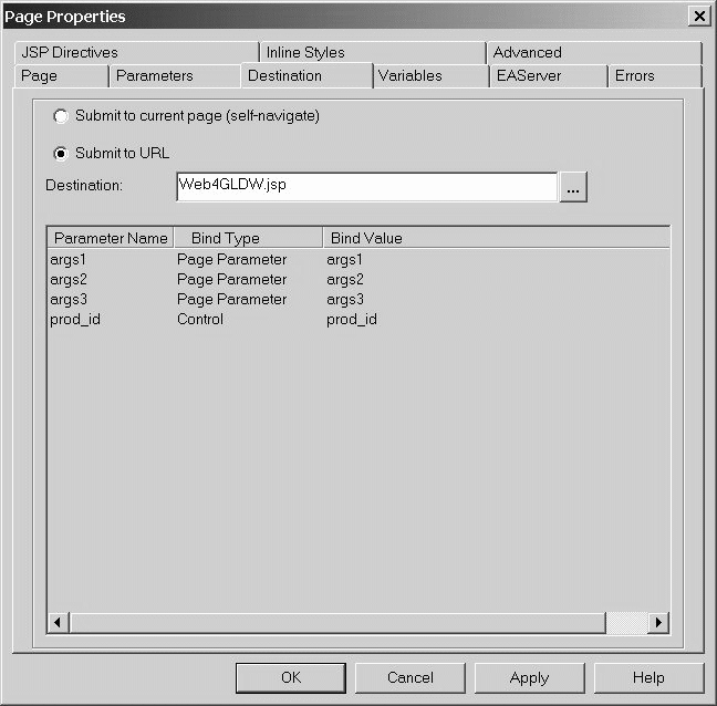 Shown is the Destination tab page of the Page Properties dialog box. At top are a cleared radio button labeled Submit to current page (self navigate) and a selected radio button labeled Submit to U R L. Next is a Destination text field with a browse button and the entry Customer dot h t m. Next are columns for Parameter Name, Bind Type, and Bind Value. Three sample rows have the values param 1, Page Parameter, param 1, then param 2, NONE, blank, then page Var 1, Page Variable, page Var 1.