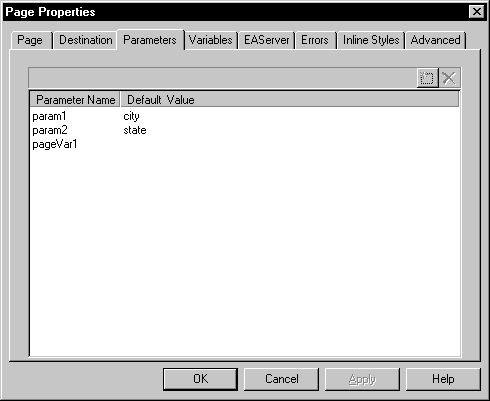 Shown is the Parameters tab page of the Page Properties dialog box. It has columns for Parameter Name and Default Value that display the sample entries param 1 with value city, param 2 with value state, and page Var 1, with no value specified.