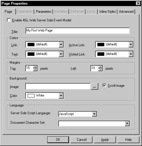 Shown is the Page tab of the Page Properties dialog box. At top is a cleared check box labeled Enable 4 G L Web Server Side Event Model, and below it is the Title text box with the entry "My First Web Page."