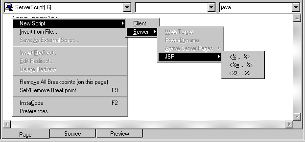 Shown are the pop up menu in the Script editor and the selected options selected for New Script, then Server, then JSP. The submenu for J S P shows three choices of delimiter, < % . . . % >, < % = . . . % >, and < % ! . . . % >. 