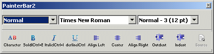 The sample shows a bar titled Printer Bar 2. Two drop down list boxes display with the selections Normal and Times New Roman. Below these are a drop down displaying the selection Normal - 3 ( 12 p t ), a small box with the letters a b, and icons for Bold, Italic, Underline, left, center, and right justify, shift left and shift right.