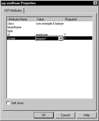 Shown is the J S P attributes tab page of the Properties dialog box for the action j s P : use Bean. The page has columns listing Attribute Name, Value, and Required. The scope attribute is highlighted, selected in a drop down list box is the value request, and a Y appears in the Required column.