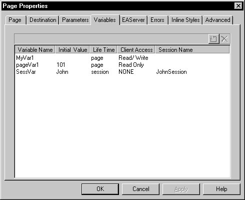 Shown is the Variables tab page of the Page Properties dialog box. It has columns for Variable Name, Initial Value  Life Time, Client Access, and Session Name that display the following sample entries: My Var 1 with page life time and Read / Write client access, page Var 1 with Initial Value 101, page life time, and Read Only client access, and See Var with Initial Value John, session life time, Client Access of NONE, and Session Name John Session.