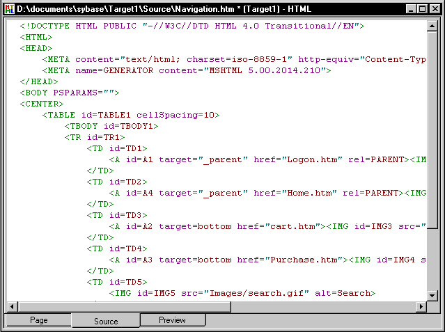 The sample shows the Source view for the Web page shown in the two previous illustrations. It displays the H T M L tags and content that produce the page seen in Page view to allow for editing.