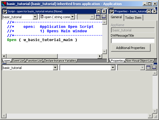 Shown is a screen with a Script view across the bottom. It has no tabbed panes. It lists the Application object p b tutor in a drop-down list box at left and shows two blank drop-down lists to the right.