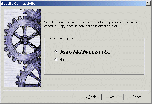 Shown is the Target page of the New dialog box. It has icons for Application, Template Application, Existing Application, E A Server Component, COM / com plus component, Automation Server, Web Site, J S P Target, and Source Controlled Web Target.