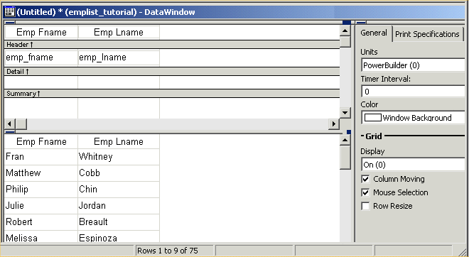 Shown is the Design view. The horizontal Heading band at the top includes the headings Customer I D, First Name, Last Name, and Company Name. The Detail band below it displays the column names i d , f name, l name, and company _ name.