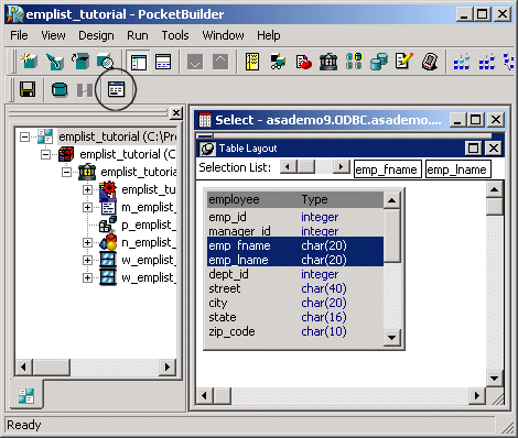 Shown is the Quick Select screen. At top left is a Tables list box with the customer table highlighted. At right is a Columns list box showing all the columns of the customer table, such as i d, f name, and l name. At the bottom is a scrollable blank display area with rows labeled Column, Sort, Criteria, and Or. 