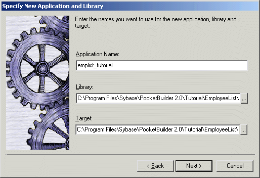 Shown is the Target page of the New dialog box. It has icons for Application, Template Application, Existing Application, E A Server Component, COM / com plus component, Automation Server, Web Site, J S P Target, and Source Controlled Web Target.