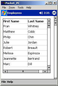 Shown is the Customer window titled Maintain Customers 1. Across the top half of the screen are the column headings Customer I D, First Name, Last Name, and Company Name. They have rows of actual data and a hand icon at the left points to the top row. The bottom half of the screen shows data in labeled text boxes on the left side for Customer I D, First Name, Last Name, Company Name, and Phone Number. On the right side are labeled text boxes with data for Address and City, a drop down for State set to NJ, and then a text box with data for Zip Code.