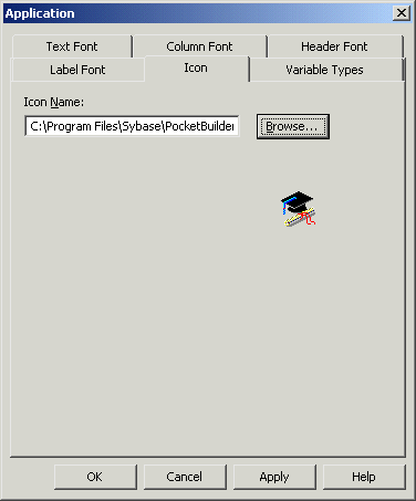 Shown is the Icon page of the Application property sheet. It displays a text box for Icon Name with the entry PowerBuilder 10 dot 0  Tutorial  Tutorial dot i c o and next to it is Browse button. Displayed is an icon of a graduation cap and diploma.