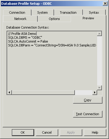 Shown is the Preview tab of the Database Profile Setup dialog box. It displays the Database Connection Syntax in a scrollable area. Below this are buttons for Copy and Test Connection.