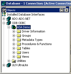 Shown is the expanded E A S Demo D B V 10 database node in the Objects view. It has folders for Driver Information, Groups, Metadata Types, Tables, Users, and Views.
