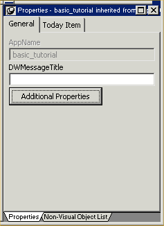Shown is the General tab of the Properties View. It has a grayed text box for App Name with the entry p b tutor and blank text boxes labeled Display Name, Micro Help Default, and D W Message Title.  Next are a spin control for D D E Timeout set to 0, cleared check boxes for Right To Left and Free D B Libraries, and a button for Addtional Properties.