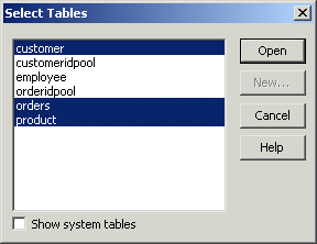 Shown is the Quick Select screen. At top left is a Tables list box with the customer table highlighted. At right is a Columns list box showing all the columns of the customer table, such as i d, f name, and l name. At the bottom is a scrollable blank display area with rows labeled Column, Sort, Criteria, and Or. 