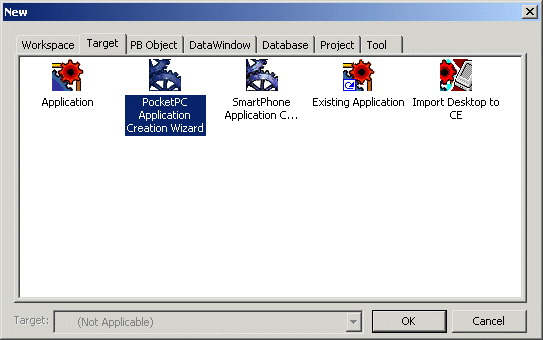 Shown is the Target page of the New dialog box. It has icons for Application, Template Application, Existing Application, E A Server Component, COM / com plus component, Automation Server, Web Site, J S P Target, and Source Controlled Web Target.