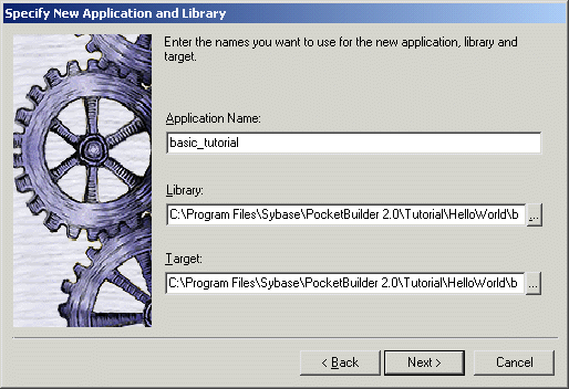 Shown is the Target page of the New dialog box. It has icons for Application, Template Application, Existing Application, E A Server Component, COM / com plus component, Automation Server, Web Site, J S P Target, and Source Controlled Web Target.