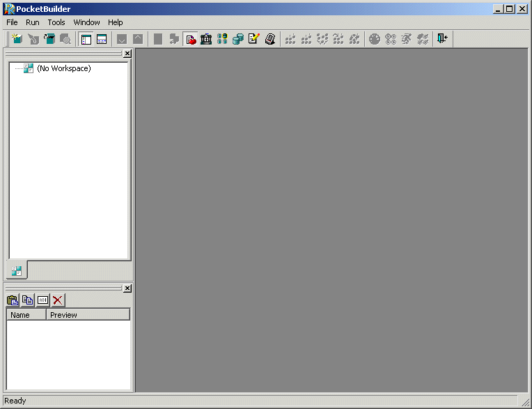The sample window has a menu bar across the top with options for File, Run, Tools, Window, and Help. Below this is a horizontal PowerBar with icons representing the menu options. Below at left are an empty window for the System Tree and then an empty Clip window with columns labeled Name, Preview, and Description. At right is a blank main window.