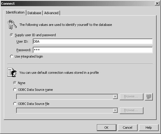 Shown is the dbisql Connect dialog box, which has three tabs: Identification, Database and Advanced. The Identification tab is shown as active. The top panel of the Identification tab shows two options: supply user ID and password or use integrated login. Beneath the user ID and password option are two text boxes for user ID and a password. The bottom panel of the Identification tab has three options for specifying connection: None, ODBC Data Source Name and ODBC Data Source File. The options ODBC Data Source Name and ODBC Data Source File each have a text box with a drop-down menu button and a Browse button. OK and Cancel buttons are in the bottom right corner of the dialog box