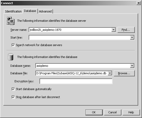 Shown is the dbisql Connect dialog box with the Database tab active. The top panel has a Server name text box and a Start line text box. The Server name text box has a Find button and there is a checkbox option to search network for database servers. The bottom panel of the Database tab has a text box for specifying Database name and a text box with Browse button for Database file. There is also a text box for encryption key. Below the text boxes are two check boxes: Start database automatically and Stop database after last disconnect. All of the text boxes on the Database tab have drop-down menu buttons, except for encryption key. OK and Cancel buttons are in the bottom right corner of the dialog box