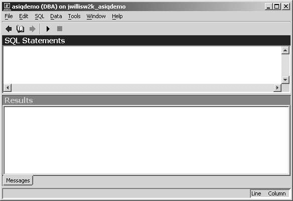 Shown is the dbisql window with a menu bar at the top with seven drop down menus: file, edit, sequel, data, tools, window and help. Underneath is the interactive sequel toolbar. From left to right the five buttons perform the following functions: recall the previous sequel statement, open a list of past sequel statements, recall the next sequel statement, execute the current sequel statement and interrupt the execution of the current sequel statement. The main area of the dbisql window has three panes: sequel statements, messages and results