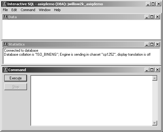 Shown is the dbisqlc window on Windows. It has a menu bar at the top with five drop-down menus: File, Edit, Command, Window and Help. The window has three sections, each of which has minimize, maximize, and close buttons in the upper right corner. From top to bottom the sections are Data, Statistics and Command. The Command section has an Execute button and a Stop button to the left of the text box