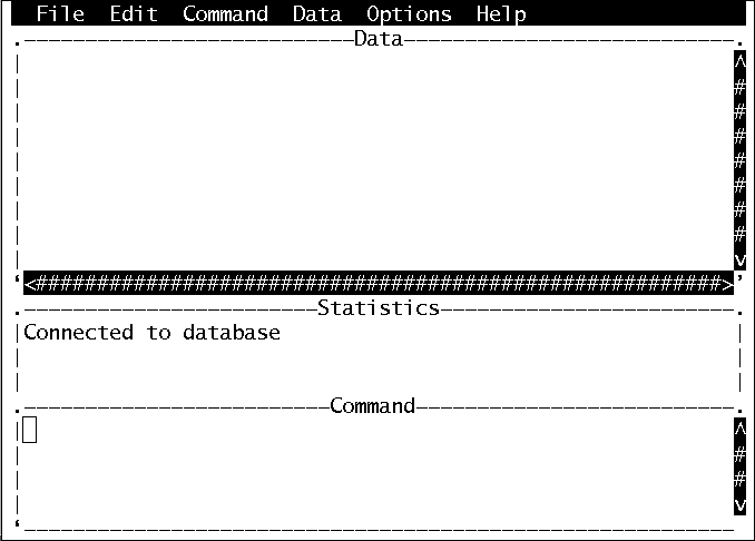 Shown is the dbisqlc window on UNIX. It has a menu bar at the top with six drop-down menus: File, Edit, Command, Window and Help. The window has three sections: Data, Statistics and Command. The Statistics pane shows the example Connected to database