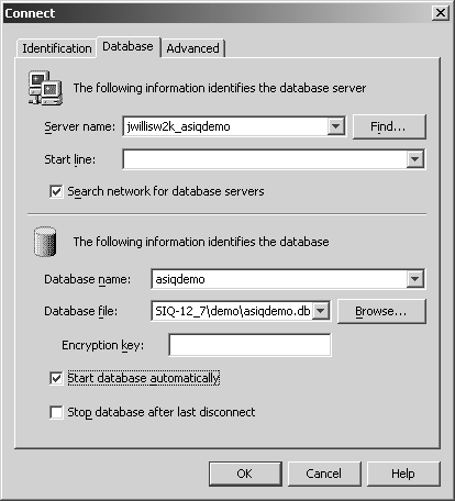 Shown is the dbisql Connect dialog box with the Database tab active. The top panel has a Server name text box and a Start line text box. The Server name text box has a Find button and there is a checkbox option to search network for database servers. The bottom panel of the Database tab has a text box for specifying Database name and a text box with Browse button for Database file. There is also a text box for encryption key. Below the text boxes are two check boxes: Start database automatically and Stop database after last disconnect. All of the text boxes on the Database tab have drop-down menu buttons, except for encryption key. OK and Cancel buttons are in the bottom right corner of the dialog box.