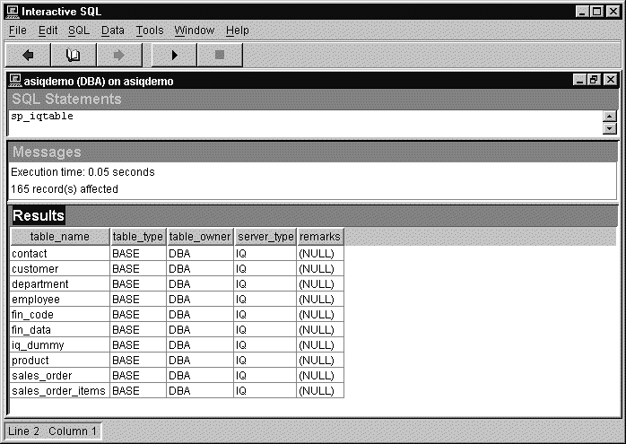 Shown is the Interactive sequel window. A bar at the top has seven menus: file, edit, sequel, data, tools, window and help. Underneath is the interactive sequel toolbar. From left to right five buttons perform the following functions: recall the previous sequel statement, open a list of past sequel statements, recall the next sequel statement, execute the current sequel statement and interrupt the execution of the current sequel statement. The rest of the interactive sequel window comprises three panes: sequel statements, messages and results