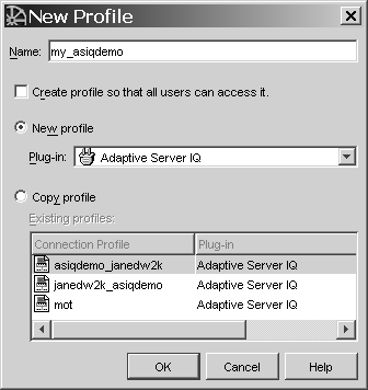 Shown is the new profile window. At top is a checkbox to create profile that all users can access. Next is a new profile option button that accompanies a plug in drop down list. Next is a copy profile option button that, if selected, shows a list of existing profiles. At the bottom are three command buttons: OK, cancel and help