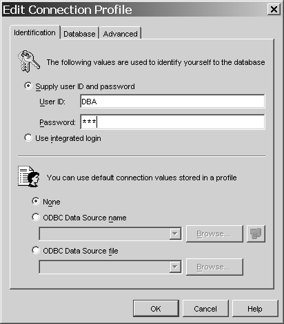 Shown is the edit connection profile, which has three tabs: Identification, Database and Advanced. The Identification tab is shown as active. The top panel shows two options: supply user ID and password or use integrated login. Beneath the user ID and password option button are two text boxes for user ID and password. The bottom panel has three options for specifying connection: None, ODBC Data Source Name and ODBC Data Source File. The options ODBC Data Source Name and ODBC Data Source File each have a text box with a drop down menu button and a Browse button. OK and Cancel command buttons are at the bottom of the window