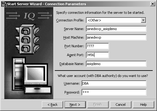 Shown is the set connection parameters window. The top group asks what user account with D B A authority you want to use. There are two text boxes for username and password. The bottom group asks you to specify the connection information for the server that will be started. There is a drop down list for server lookup and three text boxes: server name, host machine and port number