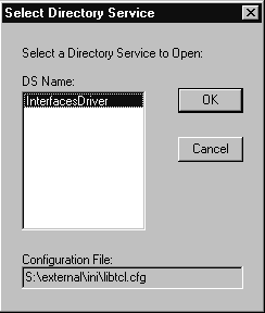 Shown is the select directory service window. The main part of the window shows a list of available data service names from which you can choose. On the right are two command buttons: OK and cancel. At the bottom is a text box containing the full path of the configuration file highlighted in the directory service name box