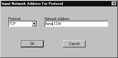 Shown is the input network address for protocol window. At left is a drop down box to select a protocol and at right is a text box to type the network address. The bottom of the window has two command buttons: OK and cancel