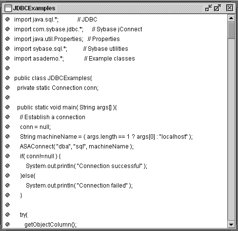 Shown is the the source window displaying code for the J D B C examples class