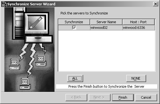 Shown is the Synchronize Multiplex window. Window contains information you selected in previous screens: server name, host/port. It contains a Synchronize checkbox for each server listed, and option buttons for All or None. The screen gives instruction at the bottom to click the finish command button to synchronize the multiplex