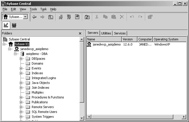 Shown is the sybase central java edition window. At the top is the menu bar with four menu options: file, view, tools and help. The left panel shows the hierarchy and the right panel shows details or actions you can perform