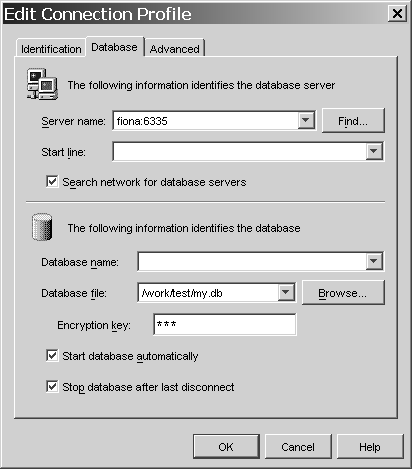 Shown is the edit connection profile, which has three tabs: Identification, Database and Advanced. The database tab is shown as active. The top panel has a drop down list for server name and a find command button. There is also a start line drop down menu and a check box to search network for database servers. The bottom panel contains a drop down list for database name and a text box with drop down list for database file, as well as a browse command button. Beneath that is a text box for encryption key and two check boxes to start database automatically and/or stop database after last connect