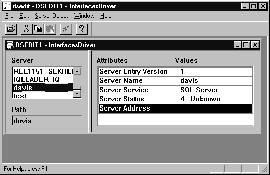 Shown is the interfaces driver window. the left pane lists the server and path and the right pane lists attributes and values of the highlighted server