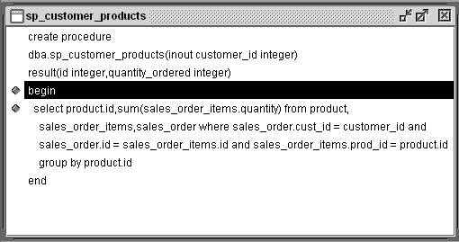 Shown is the stored procedure window for S P underscore customer underscore products 