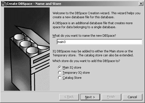 Name and Store screen of D B Space Creation wizard. This wizard helps you create a new database file for this database. A D B Space is an additional database file that creates more space for data belonging to a single database. The name of the new D B Space in the text box is main3