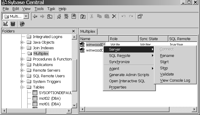 Shown is the Sybase Central Java Edition window with hierarchy in the left panel and details in the right panel