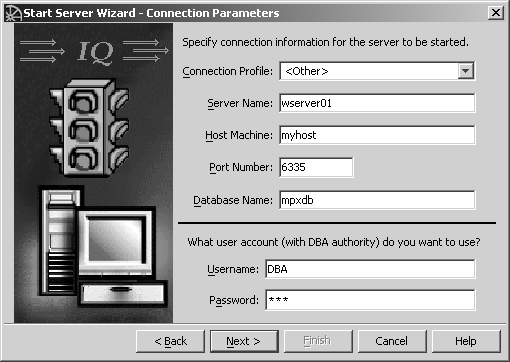 Shown is the Start Server wizard Connection Parameters window. The first group of parameters are connection information for the server that will be started. There is a drop down list for connection profile and four text boxes: server name, host machine, port number, and database name. The second group asks what user account with D B A authority you want to use and includes dtext boxes for user name and password. At the bottom of the screen are five command buttons: back, next, finish, cancel and help. These buttons are the same throughout the rest of the wizard and will not be described again